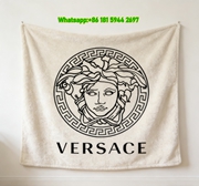 Versace White Black Medusa Greek Key Logo Printed Flannel Throw Blanket IMG_1254